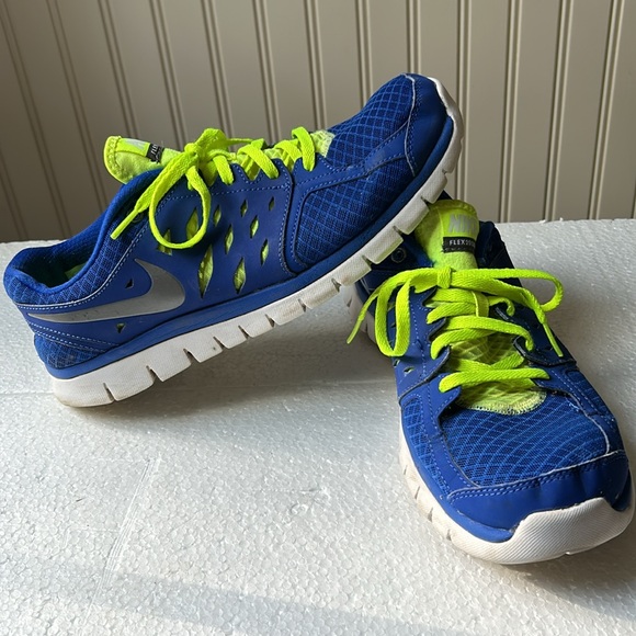 Nike Flex 2013 Run jog Mens lace up sneakers fitsole cushion size 9 blue/lime - Picture 6 of 14